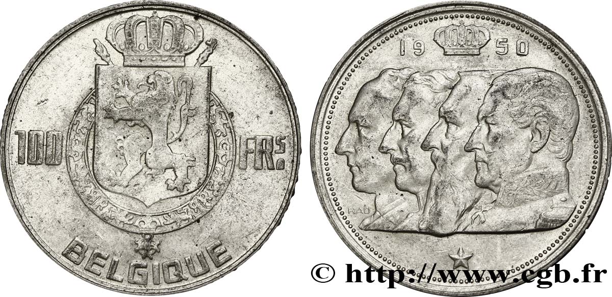 BELGIQUE 100 Francs armes au lion / portraits des quatre rois de Belgique, légende française 1950  TTB+ 
