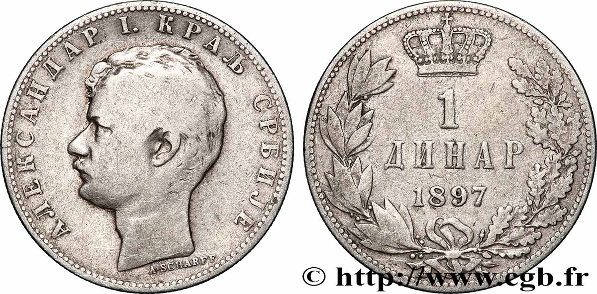 SERBIA 1 Dinar Alexandre Ier 1897 Paris VF