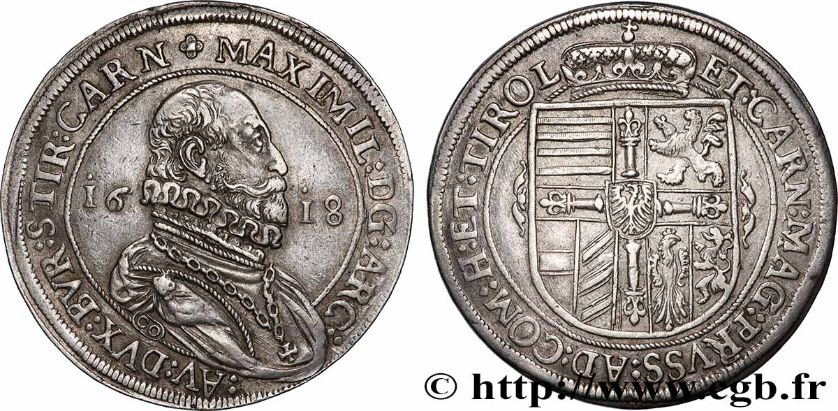 AUTRICHE - COMTÉ DE TYROL - MAXIMILIEN D AUTRICHE Thaler 1618 Hall TTB+