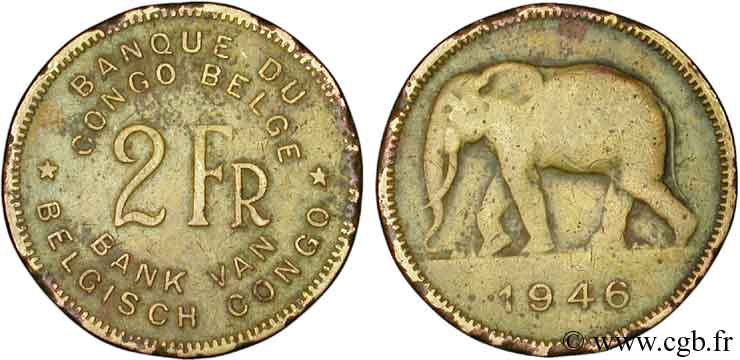 CONGO BELGE 2 Francs éléphant 1946  TB 