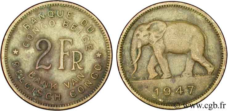 CONGO BELGE 2 Francs éléphant 1947  TB 
