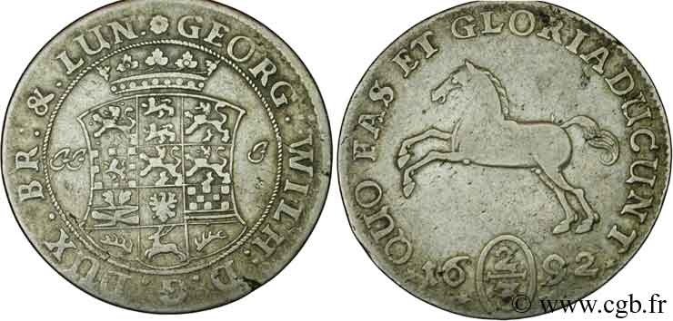 ALLEMAGNE - BRUNSWICK 2/3 Thaler Duché de Brunswick-Lunebourg-Celle frappe au cheval au nom de Georges Guillaume 1692 Celle TTB 