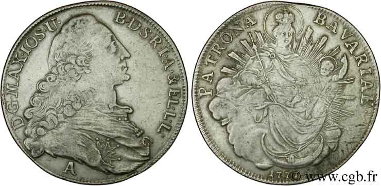 ALLEMAGNE - BAVIÈRE 1 Thaler Royaume de Bavière Maximilien III Joseph/ Madone à l’enfant 1777 Amberg - A TTB 