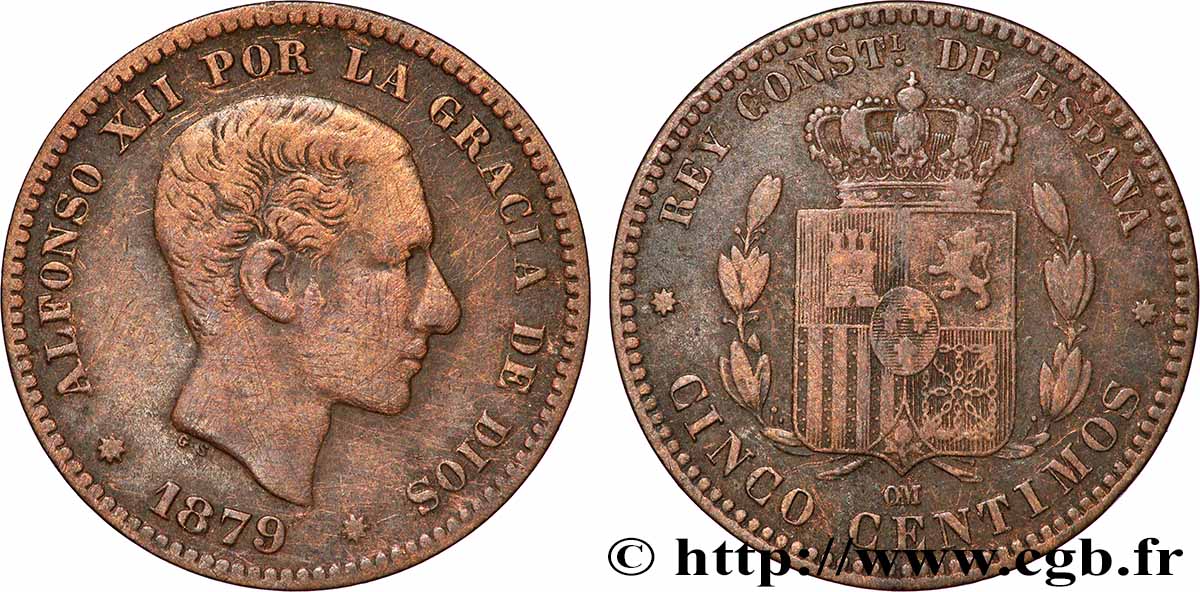 ESPAGNE 5 Centimos Alphonse XII 1879 Oeschger Mesdach & CO TB+