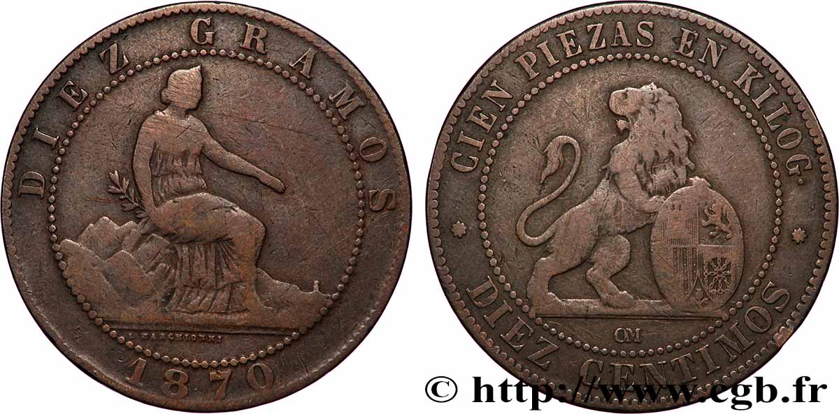 ESPAGNE 10 Centimos monnayage provisoire “ESPAÑA” assise / lion au bouclier 1870 Oeschger Mesdach & CO TB