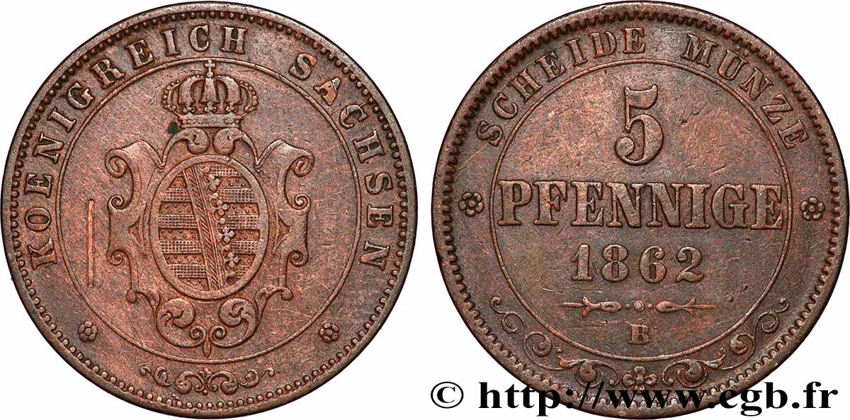 GERMANY - SAXONY 5 Pfennige 1862 Dresde XF