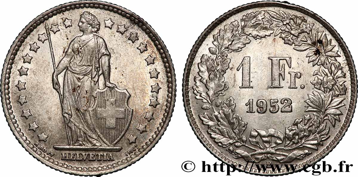 SCHWEIZ 1 Franc Helvetia 1952 Berne VZ