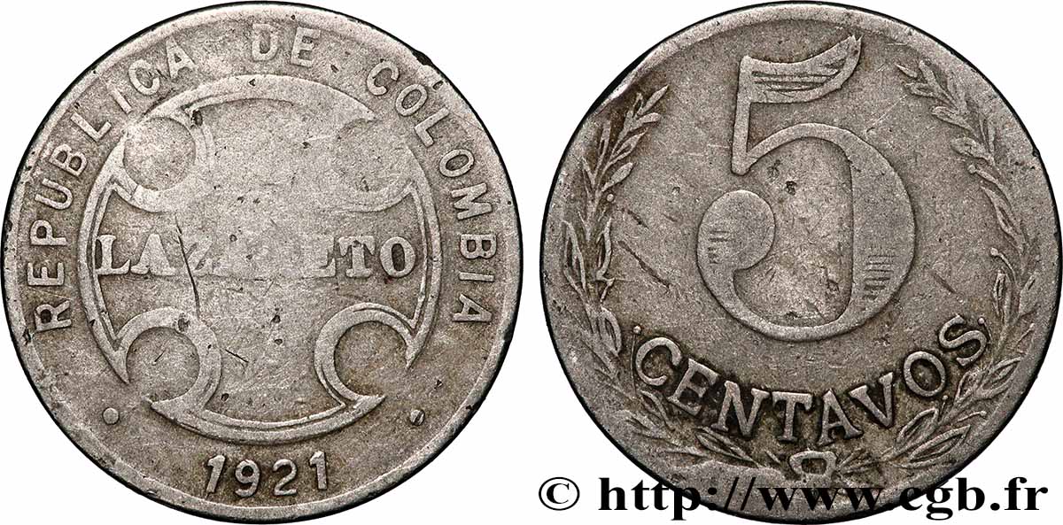 COLOMBIA 5 Centavos - monnaie de léproserie 1921 Bogota VF