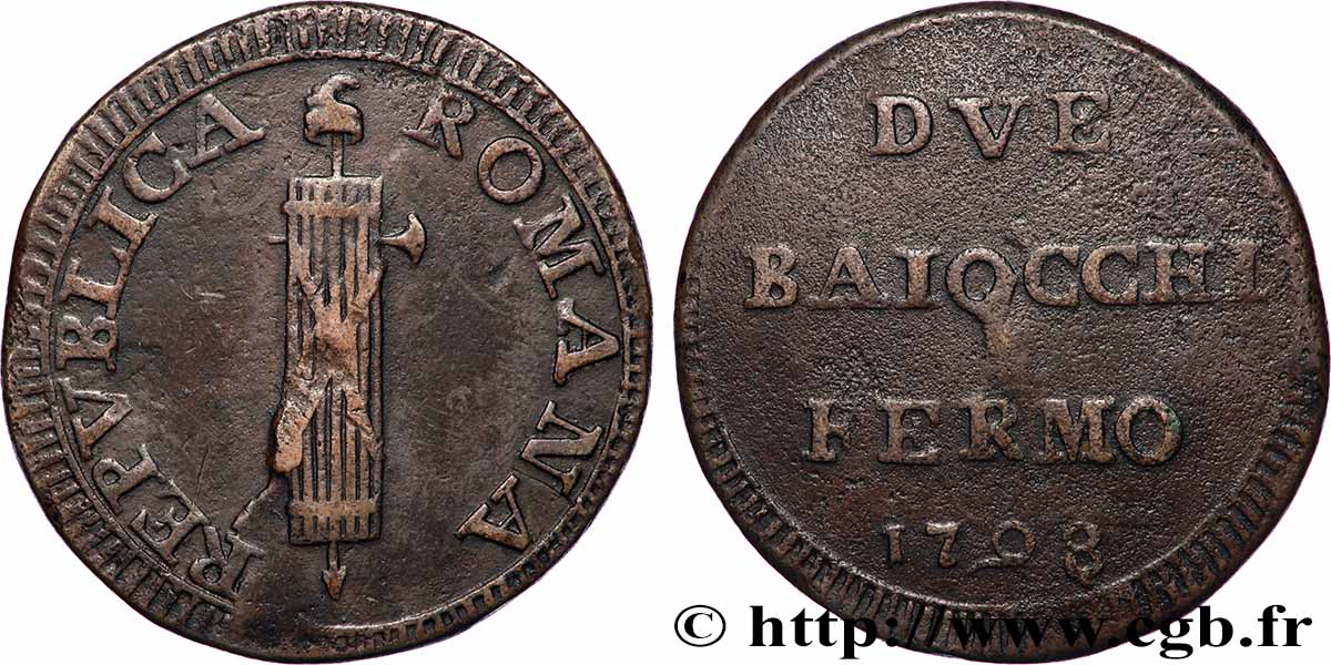 ITALY - ROMAN REPUBLIC 2 Baiocchi ville de Fermo 1798 Fermo VF