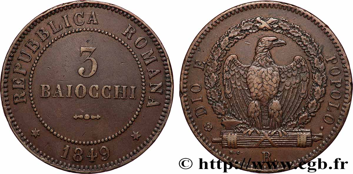 ITALIE - RÉPUBLIQUE ROMAINE 3 Baiocchi 1849 Rome TTB