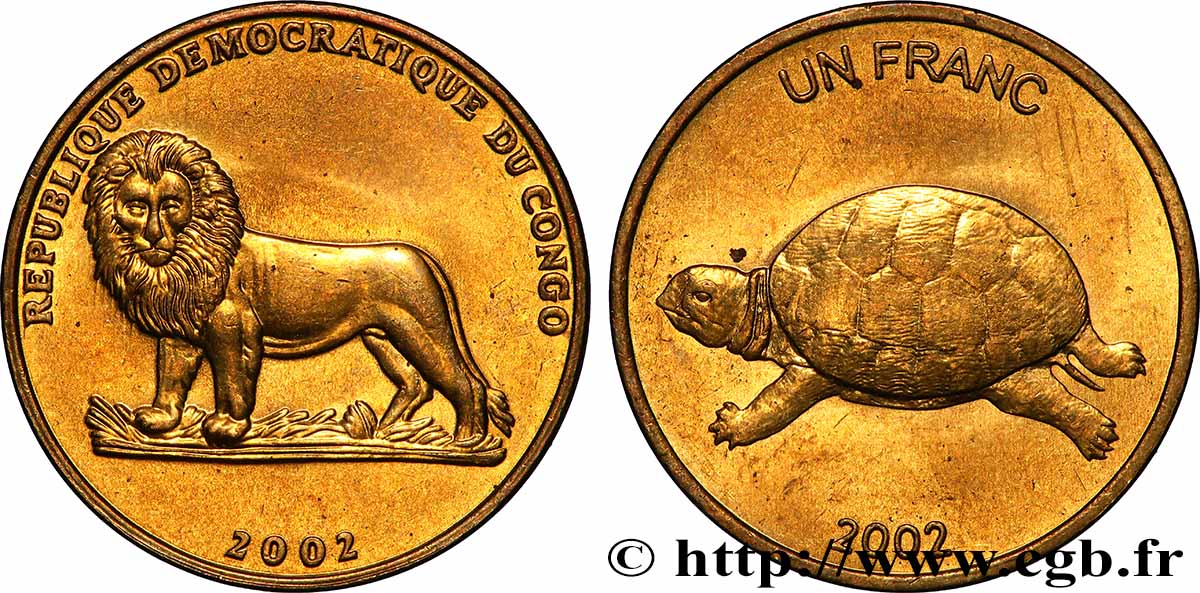 RÉPUBLIQUE DÉMOCRATIQUE DU CONGO 1 Franc Lion / Tortue 2002 SPL