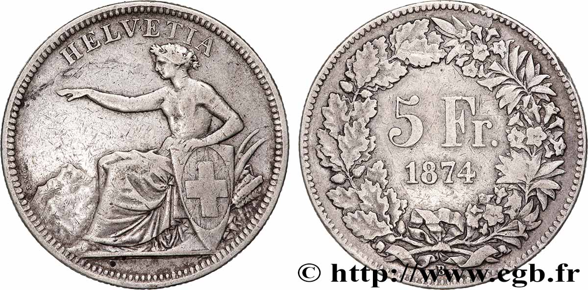SWITZERLAND 5 Francs Helvetia assise 1874 Bruxelles XF