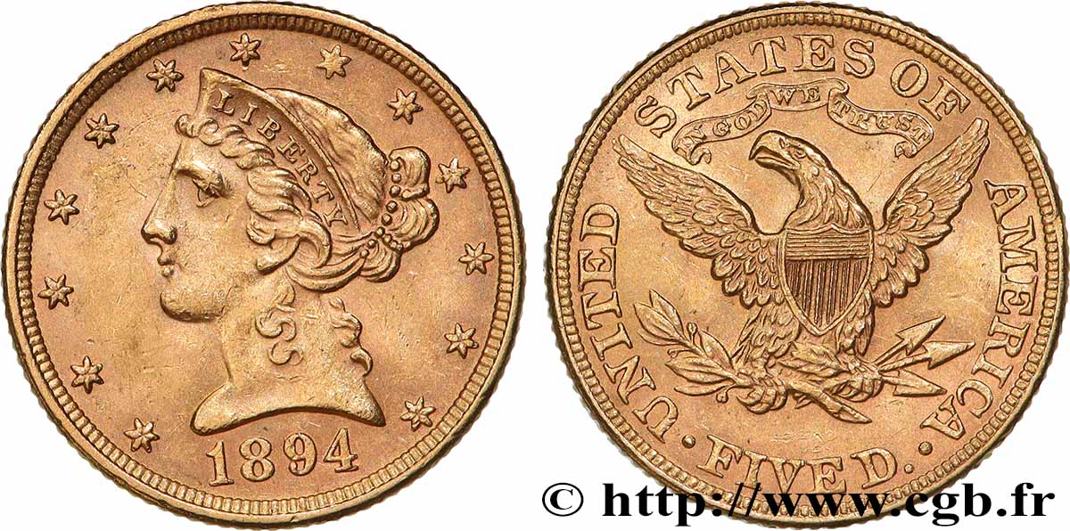 UNITED STATES OF AMERICA 5 Dollars Liberty 1894 Philadelphie AU