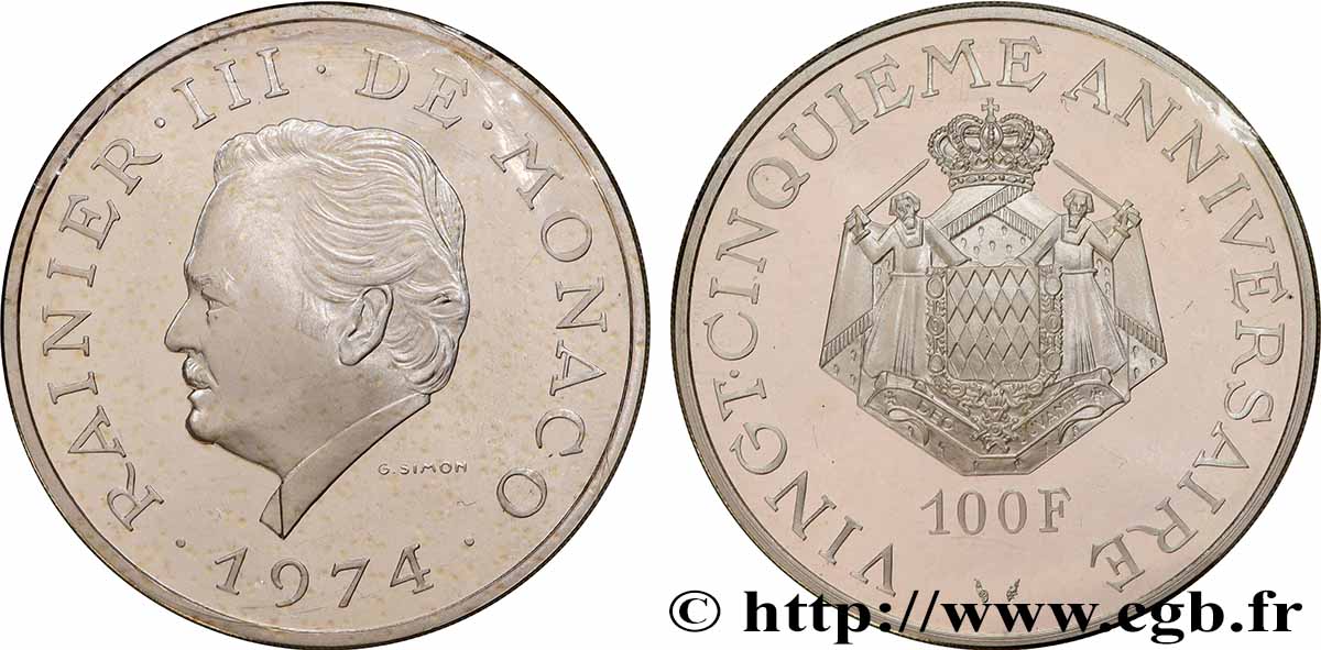 MONACO 100 Francs Proof Rainier III 1974 Paris MS