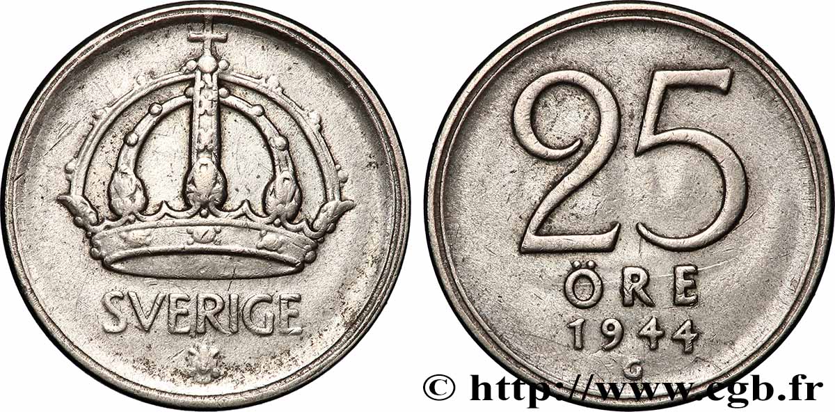 SUÈDE 25 Ore couronné G 1944 Kungsholmen TTB