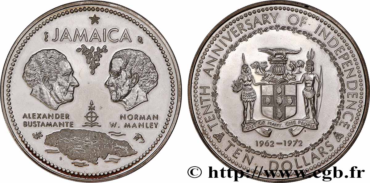 JAMAICA 10 Dollars Proof 10th anniversaire de l’indépendance 1972 MS