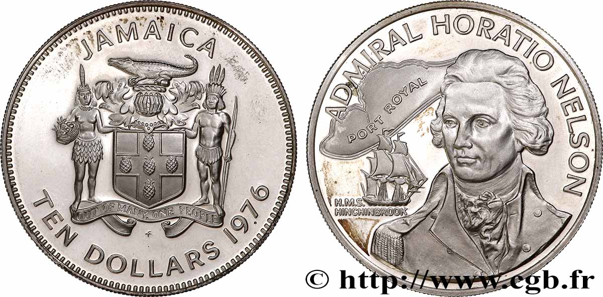 JAMAICA 10 Dollars Proof Amiral Nelson 1976 Franklin MS