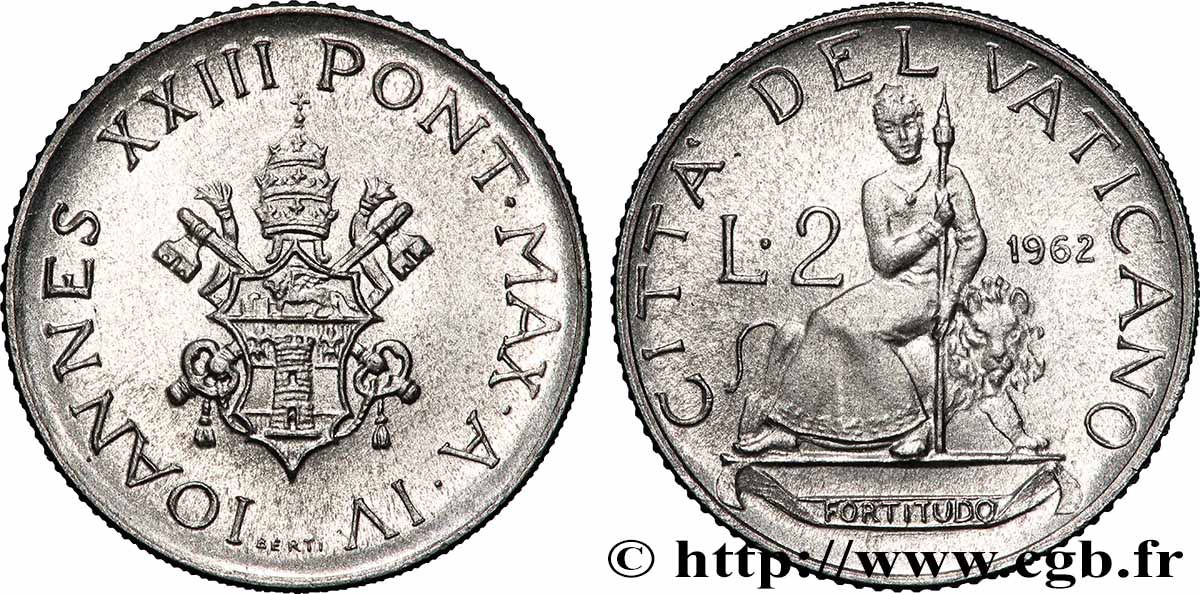 VATICAN AND PAPAL STATES 2 Lire Jean XXIII an IV arme / la fortitude 1962 Rome MS