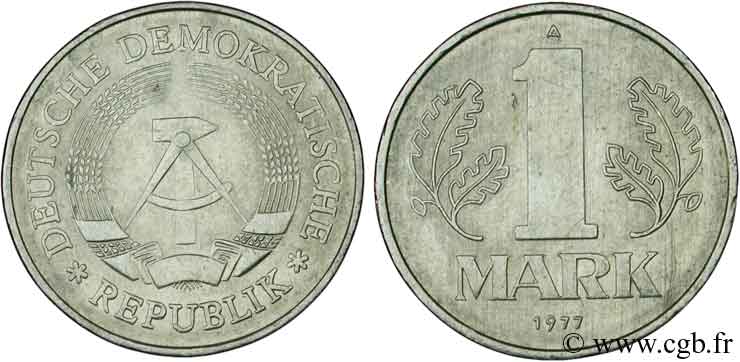 ALLEMAGNE RÉPUBLIQUE DÉMOCRATIQUE 1 Mark emblème de la RDA 1977 Berlin SUP 