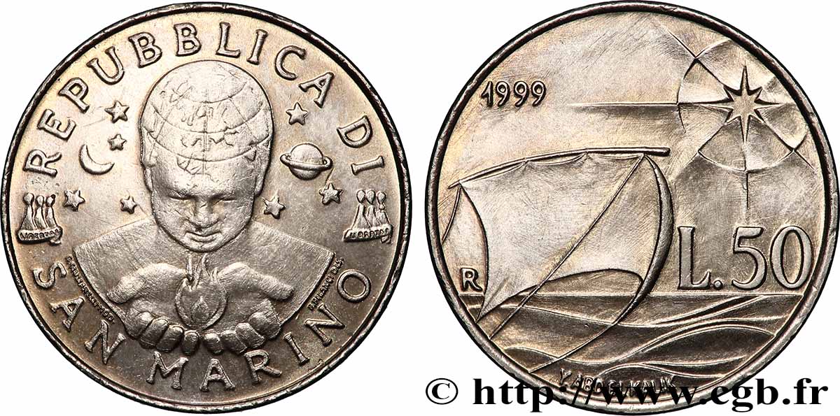 SAN MARINO 50 Lire L homme vers le troisième millénaire - l’exploration du Monde 1999 Rome MS