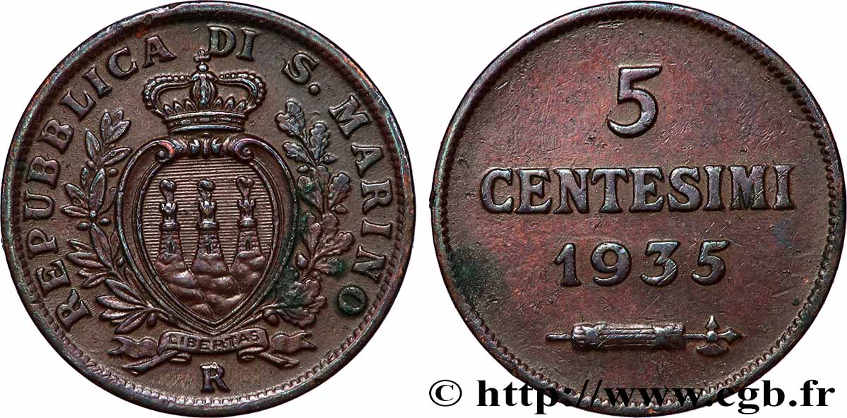 SAN MARINO 5 Centesimi écu aux trois tours 1935 Rome - R AU