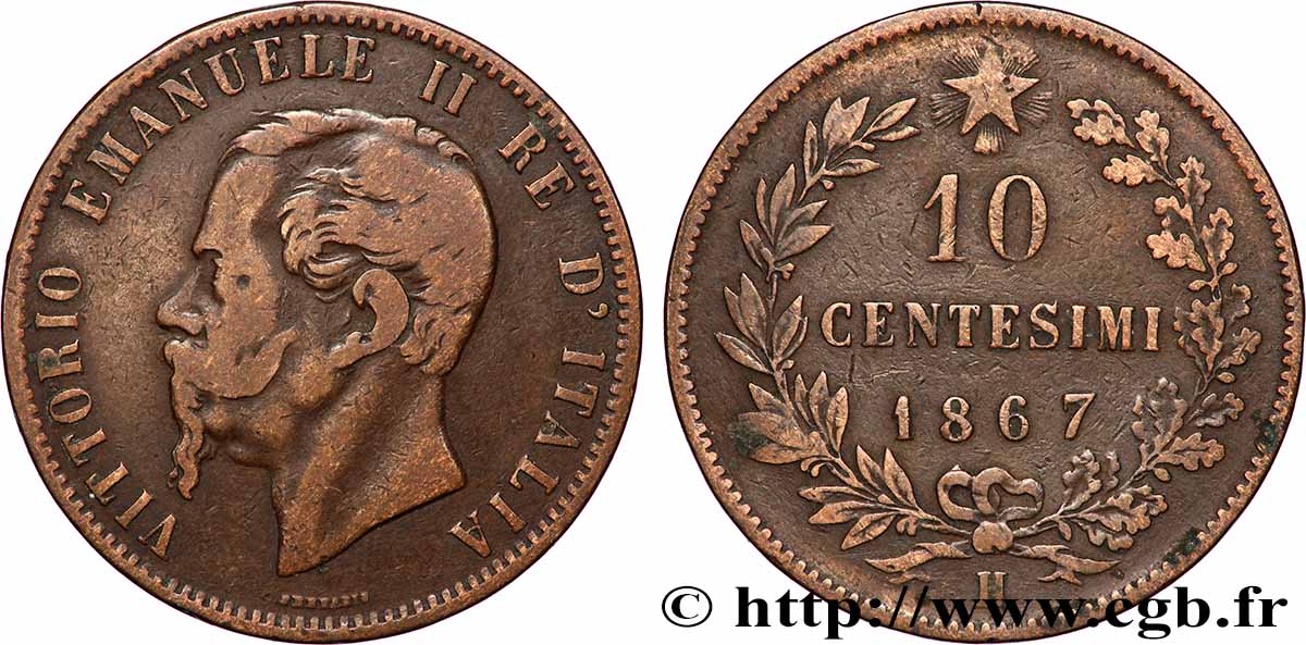 ITALIE 10 Centesimi Victor Emmanuel II 1867 Heaton TB+