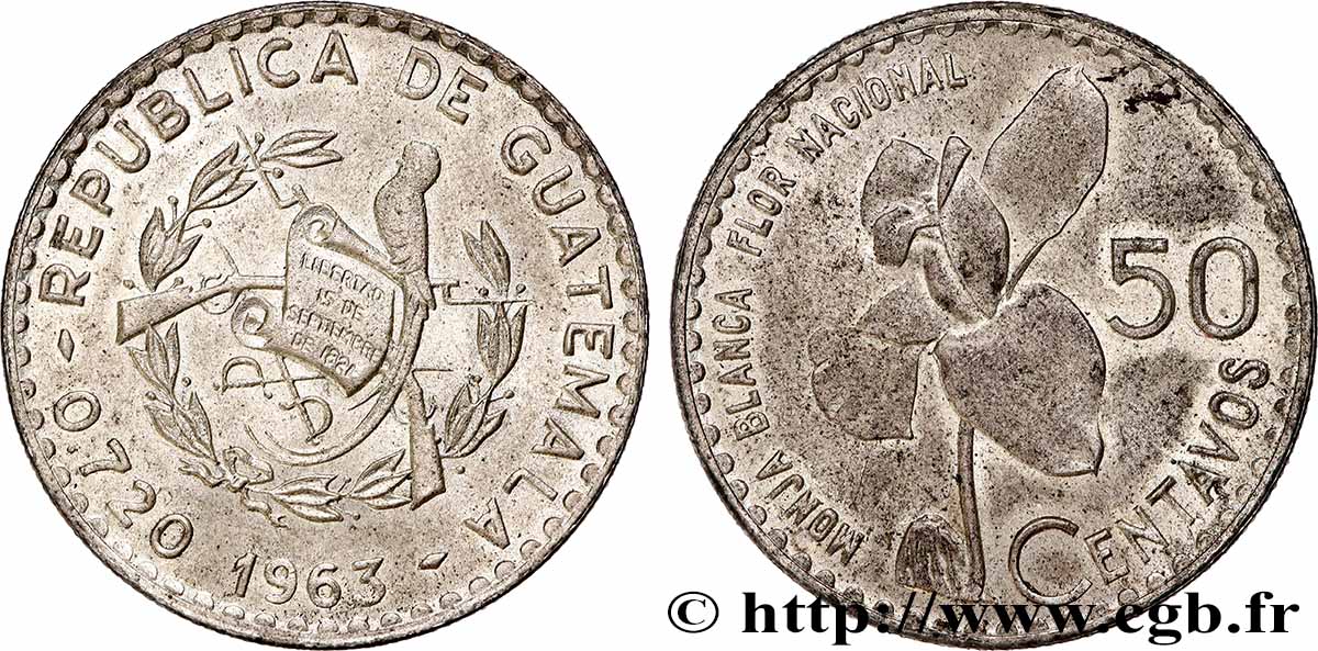 GUATEMALA 50 Centavos orchidée Monja Blanca 1963 SPL