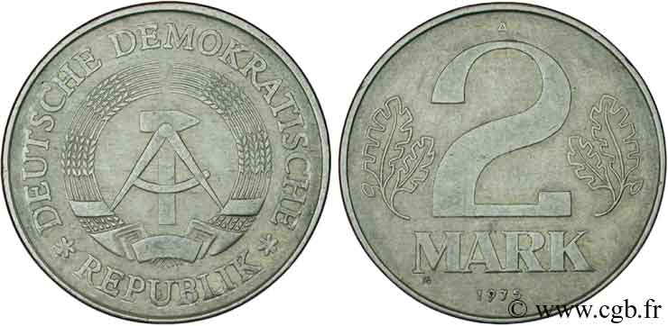 ALLEMAGNE RÉPUBLIQUE DÉMOCRATIQUE 2 Mark emblème de la RDA 1975 Berlin TTB 