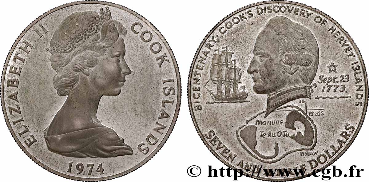 COOK ISLANDS 7 1/2 Dollars Proof Îles Hervey 1974 MS