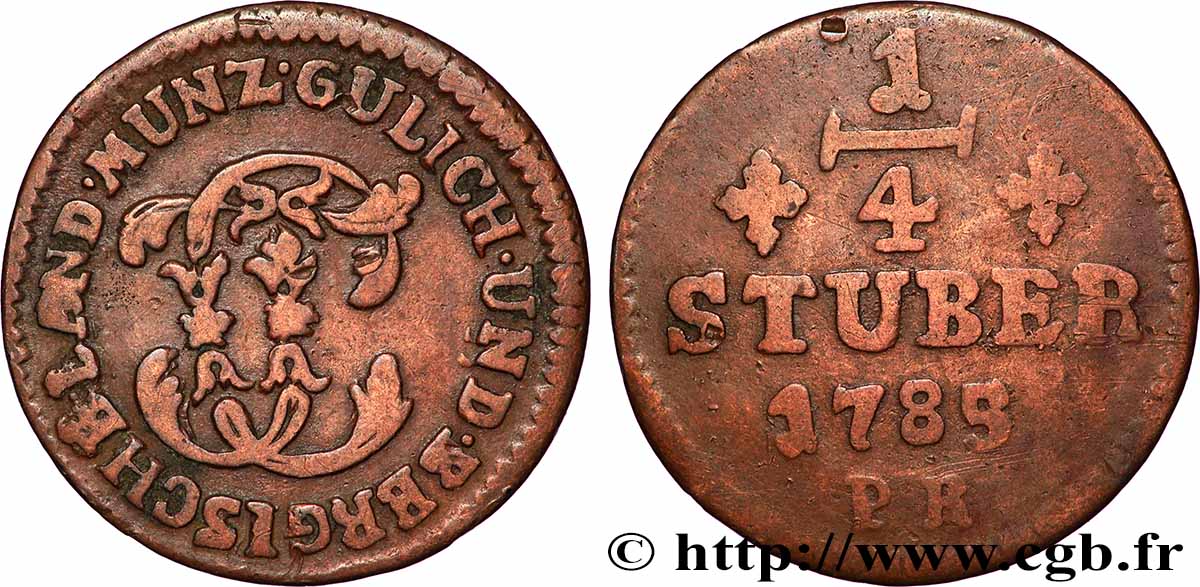 ALLEMAGNE - JULIERS-BERG 1/4 Stuber Duché de Jülich-Berg Carl Théodore de Bavière 1785 Düsseldorf TB
