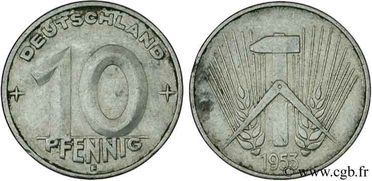 ALLEMAGNE RÉPUBLIQUE DÉMOCRATIQUE 10 Pfennig épis, marteaux et compas type Deutschland 1953 Muldenhütten - E TTB 