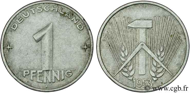 ALLEMAGNE RÉPUBLIQUE DÉMOCRATIQUE 1 Pfennig épis, marteaux et compas type Deutschland 1953 Berlin TTB 