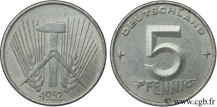 ALLEMAGNE RÉPUBLIQUE DÉMOCRATIQUE 5 Pfennig épis, marteaux et compas type Deutschland 1952 Berlin TTB 