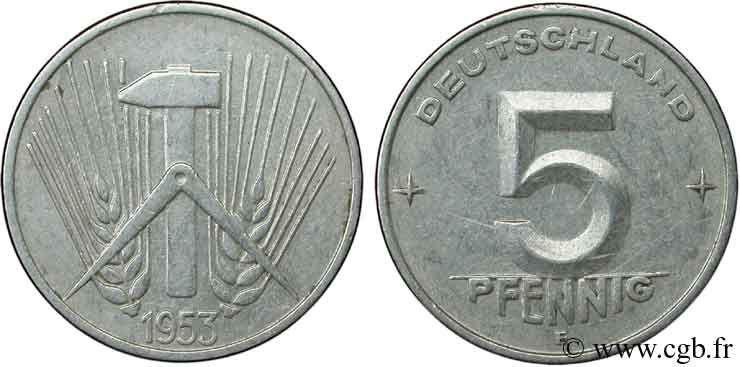 ALLEMAGNE RÉPUBLIQUE DÉMOCRATIQUE 5 Pfennig épis, marteaux et compas type Deutschland 1953 Berlin TTB 