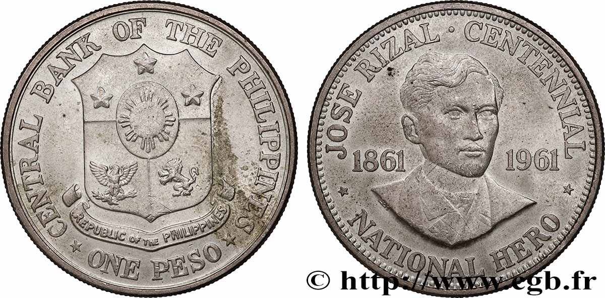 FILIPPINE 1 Peso centenaire de la naissance de José Rizal 1961 SPL