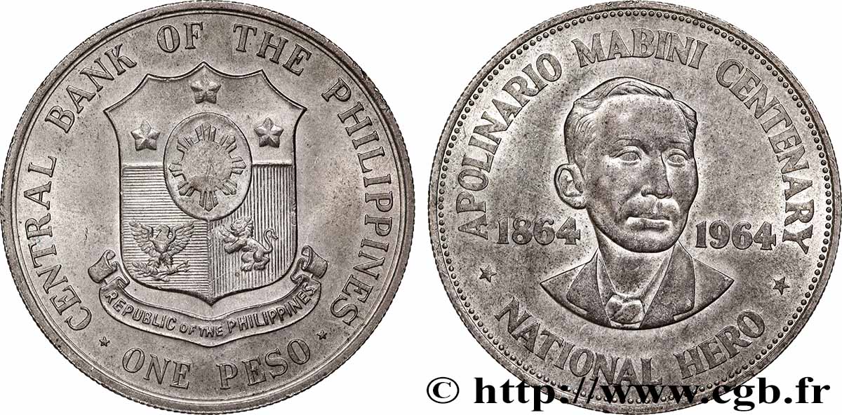 PHILIPPINES 1 Peso centenaire de la naissance d’Apolinaro Mabini 1964 Londres AU