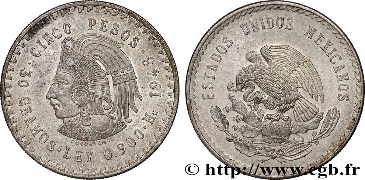 MEXIKO 5 Pesos Buste de Cuauhtemoc 1948 Mexico VZ
