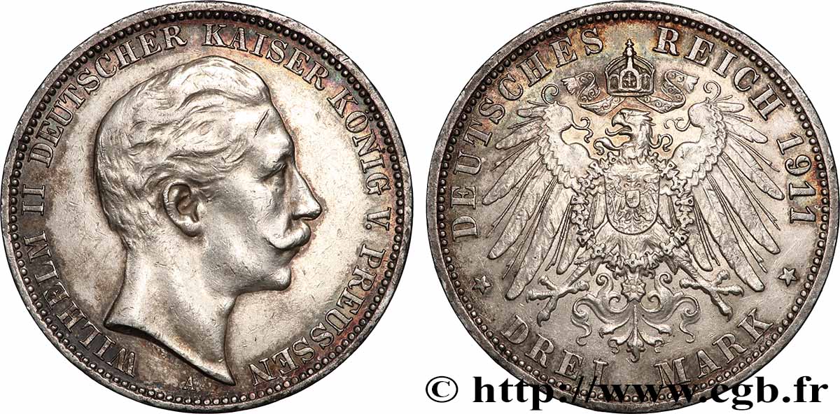 ALLEMAGNE - KÖNIGREICH PREUẞEN - WILHELM II. 3 Mark 1911 Berlin fVZ