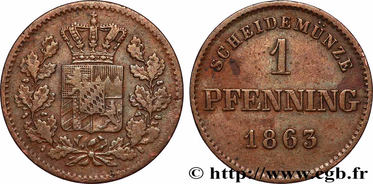 ALLEMAGNE - BAVIÈRE 1 Pfennig Royaume de Bavière, écu couronné 1863 Munich TTB
