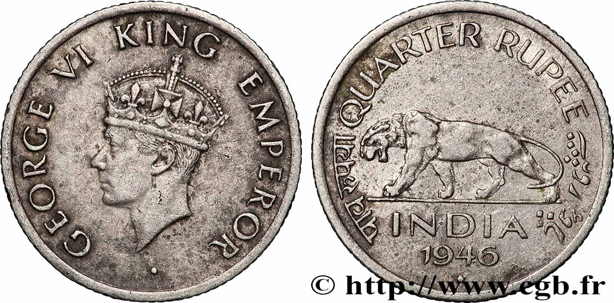 INDIEN
1/4 Roupie Georges VI / tigre 1946 Bombay (Mumbai) fVZ