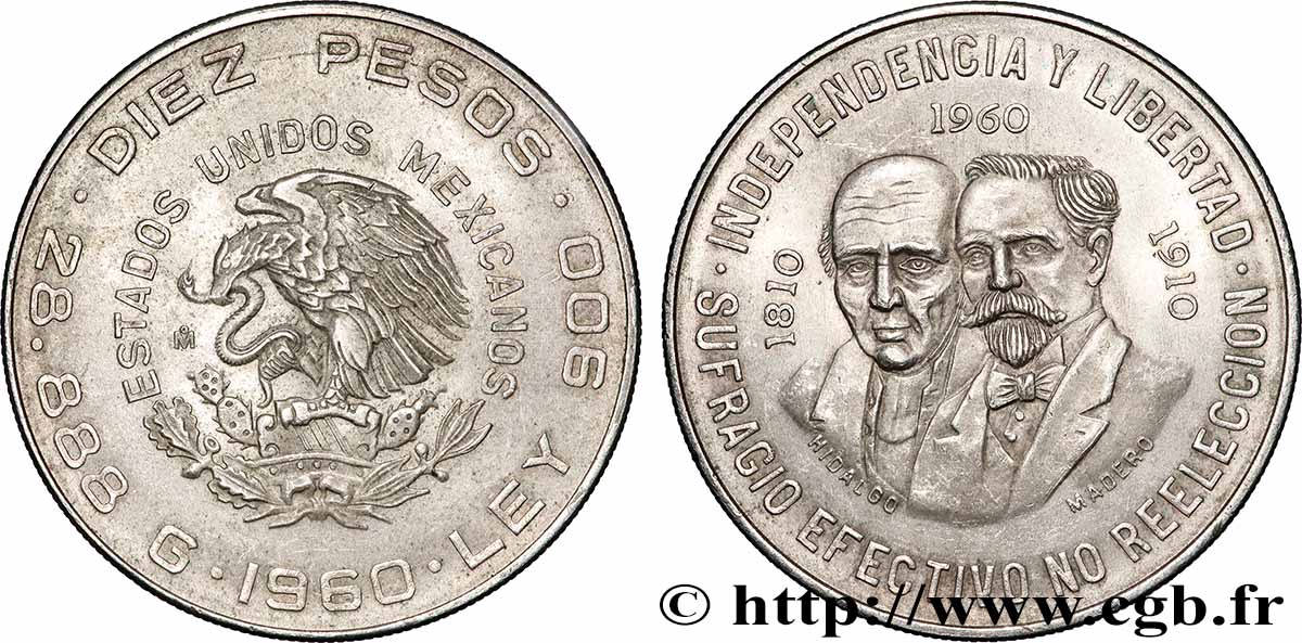 MESSICO 10 Pesos anniversaire indépendance et révolution 1960 Mexico q.SPL