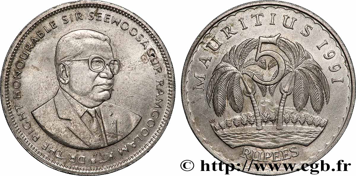 MAURITIUS 5 Rupees (Roupies) Sir Seewoosagur Ramgoolam 1991 SPL