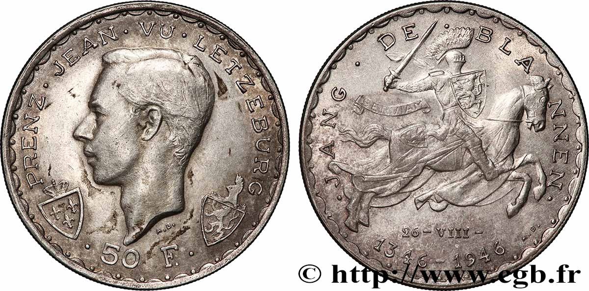 LUXEMBOURG 50 Francs prince Jean, 600e anniversaire de mort de Jean Ier de Luxembourg 1946 TTB