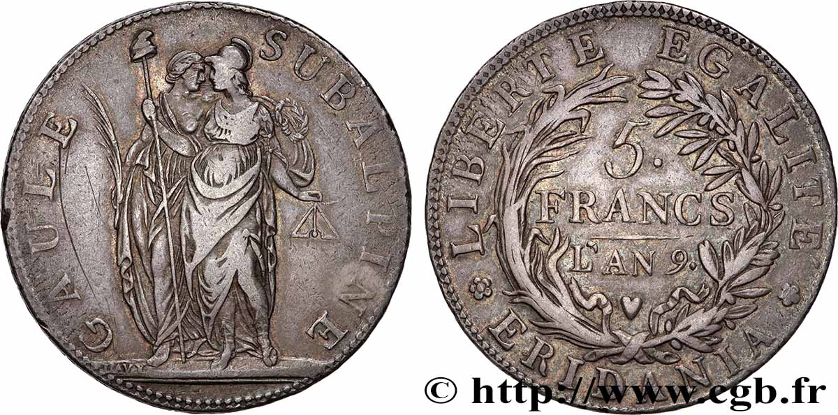 ITALIA - GALLIA SUBALPINA 5 Francs an 9 1801 Turin MBC
