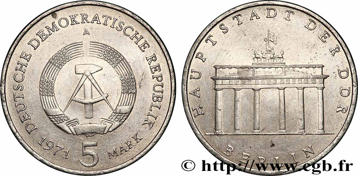ALLEMAGNE RÉPUBLIQUE DÉMOCRATIQUE 5 Mark porte de Brandebourg à Berlin 1971 Berlin TTB+