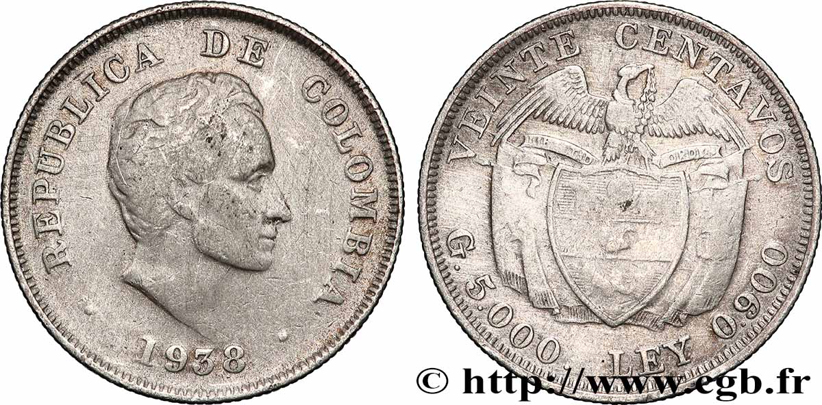 COLOMBIE 20 Centavos 1938 Bogota TB+