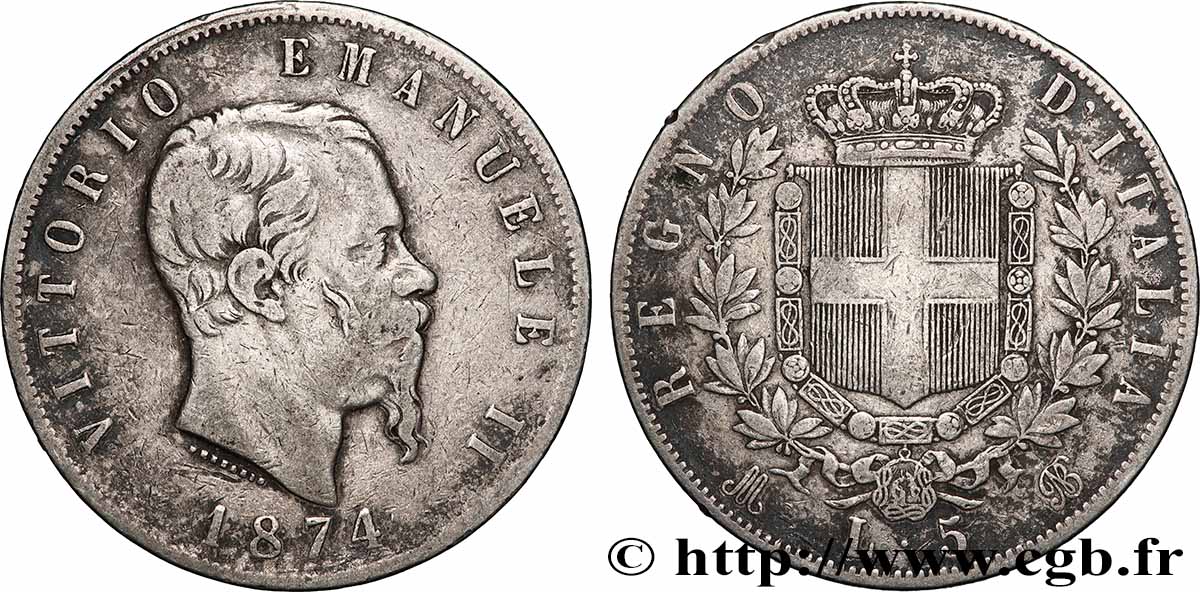 ITALIE - ROYAUME D ITALIE - VICTOR-EMMANUEL II 5 Lire 1874 Milan TB+