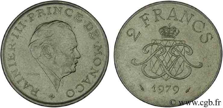 MONACO 2 Francs Rainier III / écu et monogramme couronnés 1979 Paris AU 