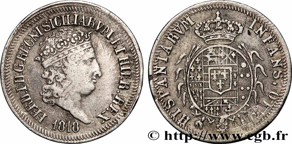 ITALY - KINGDOM OF THE TWO SICILIES - FERDINAND I 1 Carlino de 10 Grana 1818 Naples XF