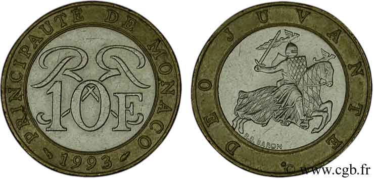 MONACO 10 Francs monogramme de Rainier III / chevalier en armes 1993 Paris TTB 